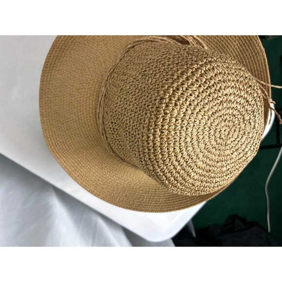 FURTALK M/L Tan Woven Straw Wide Brim Sun Hat Rope Bow Adjustable Band - Picture 4 of 5